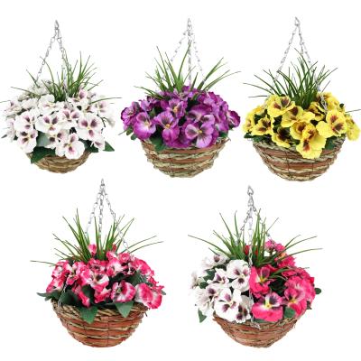 China Cheap Home Decotation Price Purple Leaves Wall Hanging Artificial Flower Baskets For Outdoor Decoration for sale