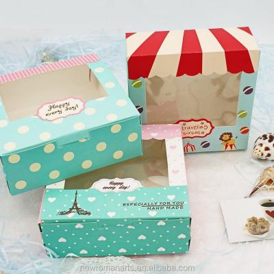 China 13.5*13.5*5cm Food Recyclable Blue Printed Baking Paper Boxes With Window Cookie Boxes Chocolate Macaron Mooncake Packaging Box for sale