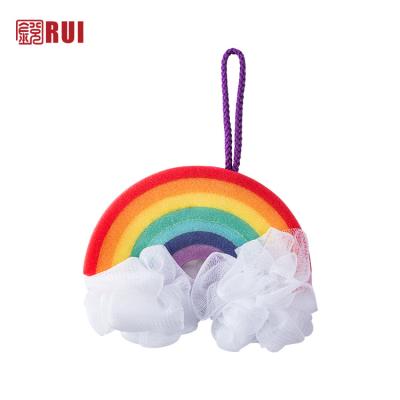 China EXFOLIATE 40g Customized Rainbow Bath Soap Balls Mesh Puffs Body Scab Buddy Soft Exfoliating Foamy Shower Sponges for sale