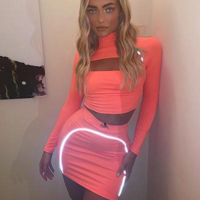 China Anti-Static Neon Light Fashion Neon Ribbon Night Hollow Long Sleeve Long Sleeve Skirt Set Outfits Two Piece Summer for sale