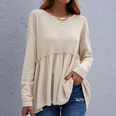 China Autumn 2021 New Viable Women's Round Collar Waffle Long Sleeve Top Casual Shirt Women Falls/Winters for sale