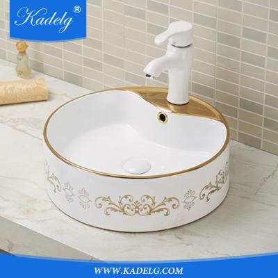 China Flower Decoration Modern Yellow Vessel Sink With Gold Line For Luxury Bathroom for sale