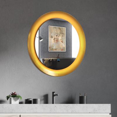 China Gold Round Magnifying Metal Framed LED Wall Mirror With Hand Sweep Dimmable Vanity Mirror For Bathroom for sale