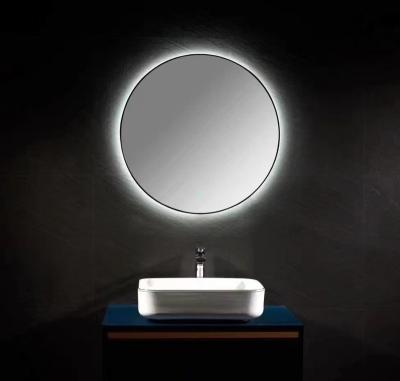 China Cheap Modern Round Vanity Lead Bath Magnifying Smart Mirror With Black Metal Frame With Wifi Demister To Shave Make Up Magnification for sale