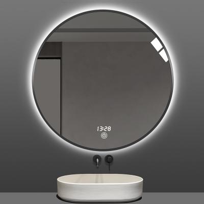 China Fast Delivery Illuminated Cheap Bath Mirrors Smart With Round LED Lights Black Metal Frame For Bathroom And Hotel House Table Make Up for sale