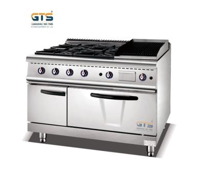 China Commercial Gas Range 4 Burners Cooker stove with Lava Rock Grill and Gas Oven 1200mm Cooking Luxury Restaurant Kitchen Equipment for sale