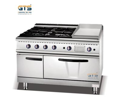 China Commercial Gas Range 4 Cooker Stove with Flat Griddle and Gas Oven, Griived Grill 1200mm Kitchen Cooking Equipment Supply Hotels for sale