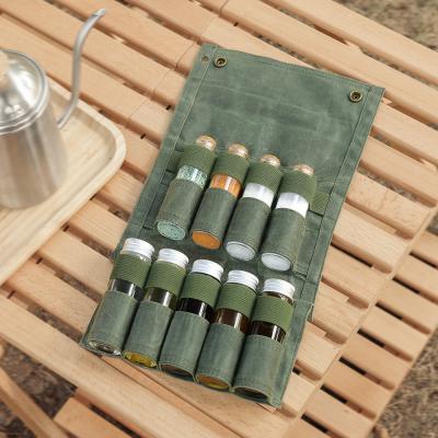 China Lightweight Outdoor Camping BBQ Bottle Set Canvas Seasoning Bag Of 9 Glass Seasoning Bottles for sale