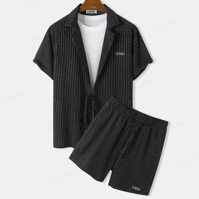 China QUICK DRY custom design breathable black cotton fashion outfit super soft summer striped oversized shirts and shorts two piece set for men for sale