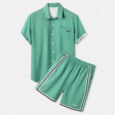 China Summer QUICK DRY Custom Outfits Embroidered Logo Soft Streetwear Striped Trims Button Up Solid Shorts and Casual Mens Shirts Two Piece Sets for sale