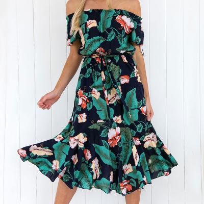 China Factory Hot Sales New Summer Breathable Fashion Women Sexy One-Shoulder One-Shoulder Slimming Print Middle Long Beach Leaf Short Sleeve Dress for sale