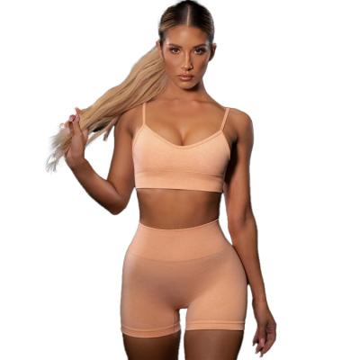 China Seamless Women's Breathable Backless Sexy Halter Yoga Suit Running Bra Shorts Fitness Sets for sale