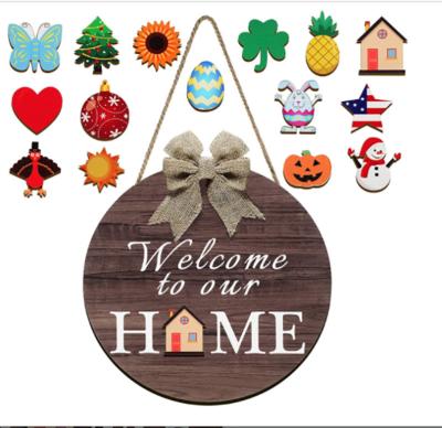 China China Welcome Door Wooden Sign Round DIY Interchangeable Hanging Welcome Sign For Front Door Decoration Theme Antique Product for sale