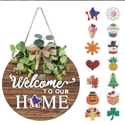 China China Interchangeable Seasonal Welcome Sign Main Entrance Decorated Rustic Circular Wooden Garland Wall Hanging Outdoor Decorations for sale