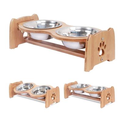 China Sustainable PET Raised Pet Bowls For Cats And Dogs , Adjustable Bamboo Raised Dog Cat Food And Water Bowls Stand Feeder for sale