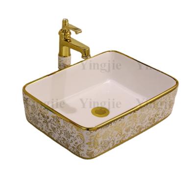 China Luxury Gold Pattern China Lavatory Bathroom Sink Bowl Countertop Square Shape Ceramic Lavatory Bathroom Sink for sale