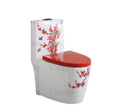 China Hidden Cistern OEM Flower Colored Ceramic Decorated One Piece Floor Mounted Toilet WC Toilet Water Closet for sale