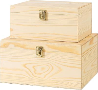 China Europe Wooden Box with Hinged Lid - Set of 2: Pine Wood Decorative Storage Boxes, Natural Looking Finished Wooden Crates for sale