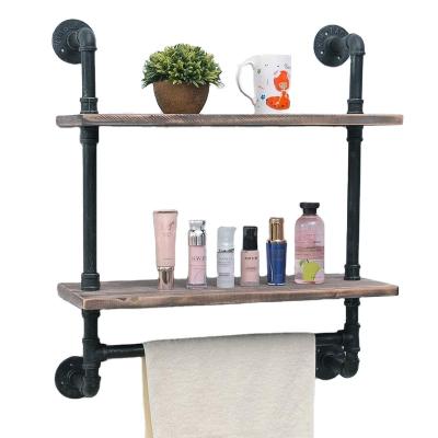 China Sustainable Industrial Bathroom Shelves 2 Tiered Wall Mounted, 29 Rustic In Pipe Rack Wood Shelf With Towel Bar for sale