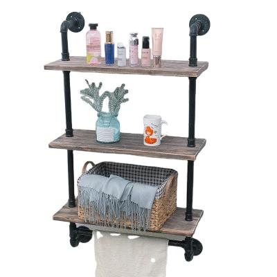 China Sustainable Industrial Bathroom Shelves 24in Rustic Wall Mounted Pipe Shelf Wood Shelf With Towel Rack Towel Holder, Floating Shelves for sale