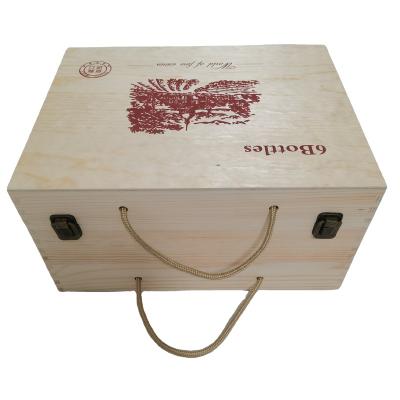 China Recyclable Wooden Wine Box Vintage Brown Wooden Wine Six Bottle Holder Gift Box Locking Latch for sale