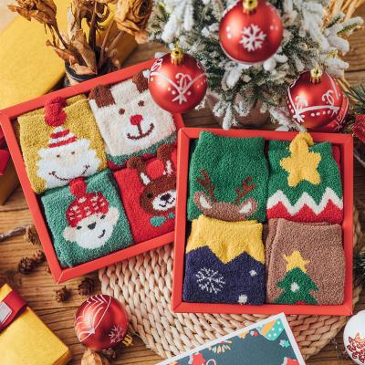 China Product QUICK DRY Hot Selling Fuzzy Socks Wholesale Cute Cartoon Socks Four Pairs Christmas Socks Gift / Box for sale