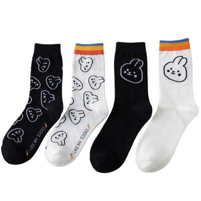 China Wholesale High Quality Cartoon Rabbit Crew Cute Cotton Women's Black And White Socks for sale