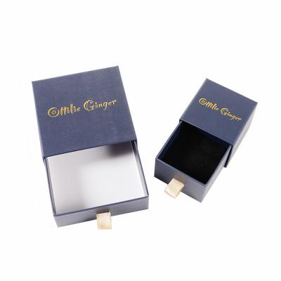 China Recycle Gold Logo Blue Color Hot Stamping Small Rigid Cardboard Sliding Jewelry Ring Earring Drawer Box With Ribbon for sale