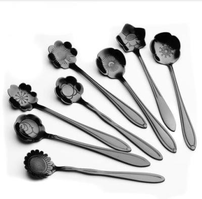 China Z384 8Pcs/lot Viable Teaspoons Stainless Steel Black Flower Shape Ice Cream Soda Spoon Latte Coffee Parfait Tea Spoon Tableware for sale