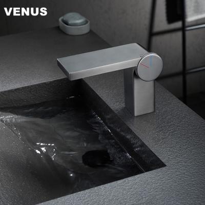 China Metered Faucets Gunmetal Color Bathroom Faucet Deck Mounted Single Hole Lavatory Basin Mixer Tap for sale