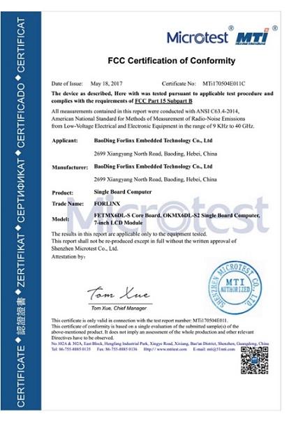 FCC - Baoding Forlinx Embedded Technology Co., Ltd.