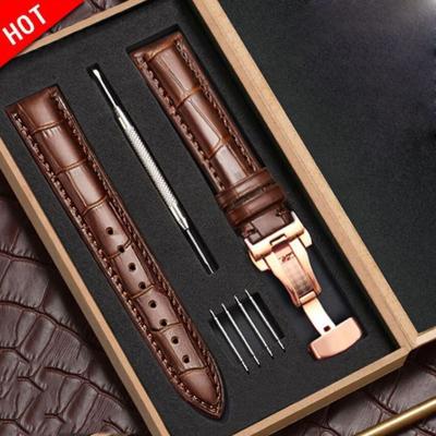 China Breathable 12-22mm Leather strap with Butterfly clasp accessories Male and female cowhide watch band bow buckle for sale