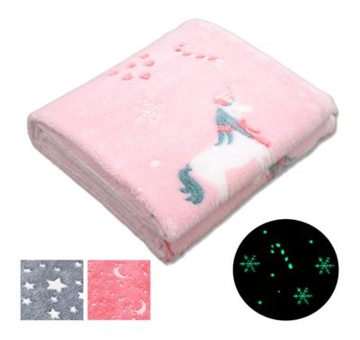 China Amazon Hot Sale 100% Custom Anti-pilling Printing Polyester Dinosaur Fleece CAD Unicorn Glow in Dark Throw Blanket for Baby for sale