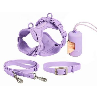 China Wholesale 3 Piece Cute Neoprene Adjustable Breathable Reflective Pet Cat Collar Bag Dispenser Leash Purple Set Vest Dog Harness for sale