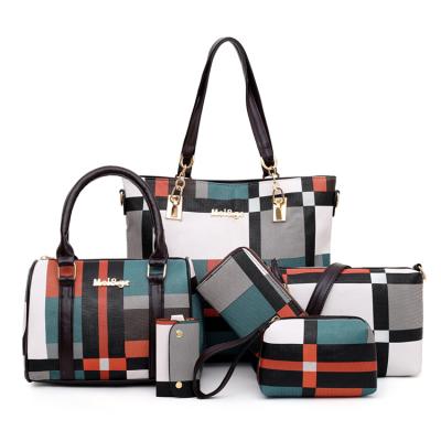 China Vintage Women Fashion 6 Pcs Set Bag PU Leather Stripe Handbags Set for sale