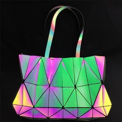 China Wholesale Fashion Women Tote Shoulder Bag Geometric Luminous PU Leather Handbag for sale