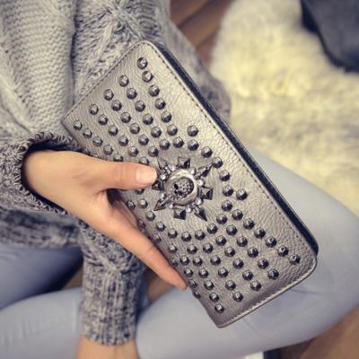 China Fashion Women Punky Clutch Bag PU Zipper Purse Rivet Leather Wallet With Skull for sale