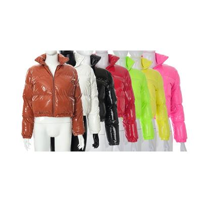 China Anti-wrinkle custom logo with printing wholesale new fashion winter for women feminine ladies breath shiny crop down stripper bubble jacket coat for sale