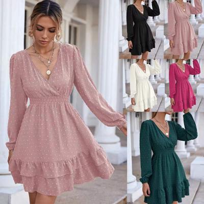 China 2022 Spring Women Breathable V-Neck Long Sleeve Ruffle Trimmed Embroidered Mid Length Dress for sale