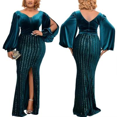 China Plus Size Wrap Hip Sequin Waist Slit Anti-wrinkle Evening Dress Women Long Maxi Dress V-Neck Long Sleeve Party for sale