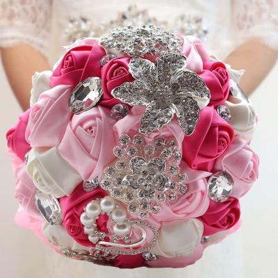 China Wedding Decoration Hot Selling European Style Champagne Ribbon Fancy Crystal Bridal Flowers Luxury Rhinestone Wedding Bride Bouquet Holder Bouquet for sale