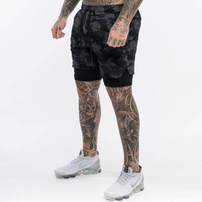 China Breathable Custom Design Double Layers Camo Printing Shorts 2 in 1 Men Athletic Training Shorts  Quick Dry Comfortable Men's Short for sale