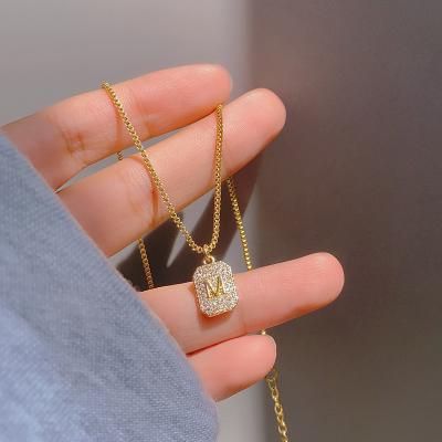 China Cute Hot Selling Micro Paved Stainless Steel Necklace Personalized Limple Women Jewelry Square Zircon Letter M Pendant Necklace for sale