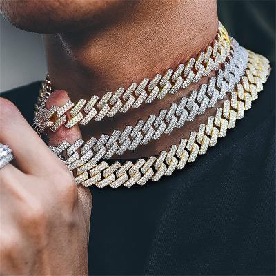 China Wholesale Men's Europe and America Miami 19mm Hip Hop 14k 18k Gold Plated Brass Necklace Iced Out Cuban Link Chain for sale