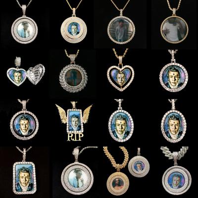 China CLASSIC Custom Jewelry Photo Memory Lockets Picture Zircon Pendant CZ Diamond Charms Necklaces Hip Hop Jewelry Sets for sale