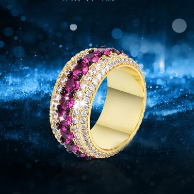 China Hiphop Fashion Jewelry 925 Sterling Silver High End Zircon Cuban Ring Chain Inlays Colorful Gemstone Rings for sale