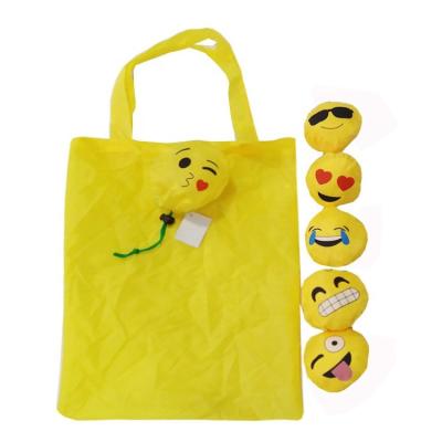 China Rope Handle Reusable Polyester Emotion Fold Handbag Smile Face Printed Portable Foldable Shopping Tote Bags for sale