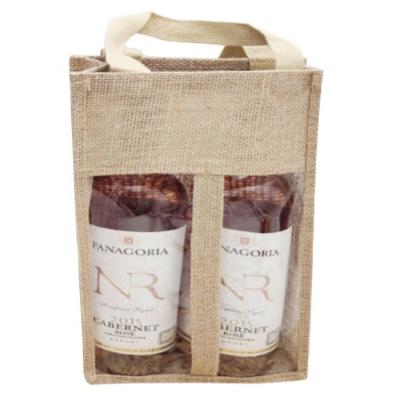 China Good Quality Custom Handled Printed Double Layer Wine Bottle Jute Portable Carrier Tote Gift Bag for sale