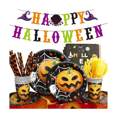 China paper & 2022 Plastic Disfraces Halloween Paper Plates Banner Cups Straw Halloween Tablecloth Paper Tableware Set for sale