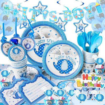 China paper & Plastics Baby Shower Boy Cake Topper Banner Paper Plates Napkins Baby Shower Favors Tableware Set for sale